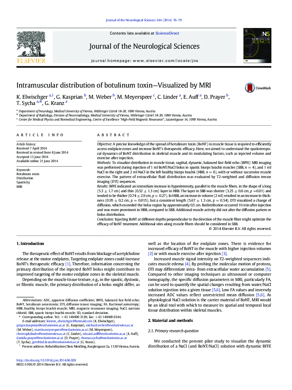 Intramuscular distribution of botulinum toxin—Visualized by MRI