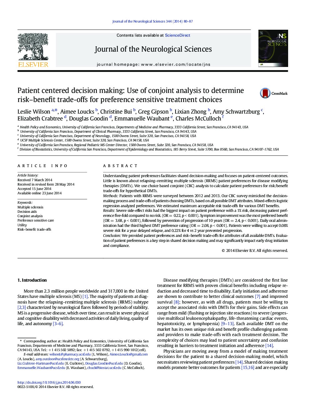 Patient centered decision making: Use of conjoint analysis to determine risk–benefit trade-offs for preference sensitive treatment choices