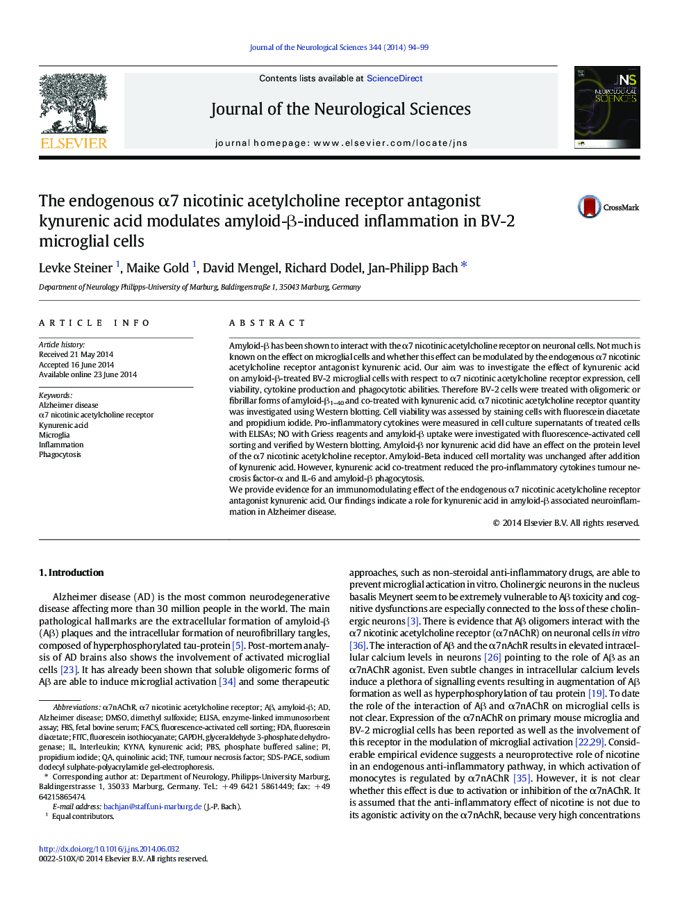 The endogenous α7 nicotinic acetylcholine receptor antagonist kynurenic acid modulates amyloid-β-induced inflammation in BV-2 microglial cells