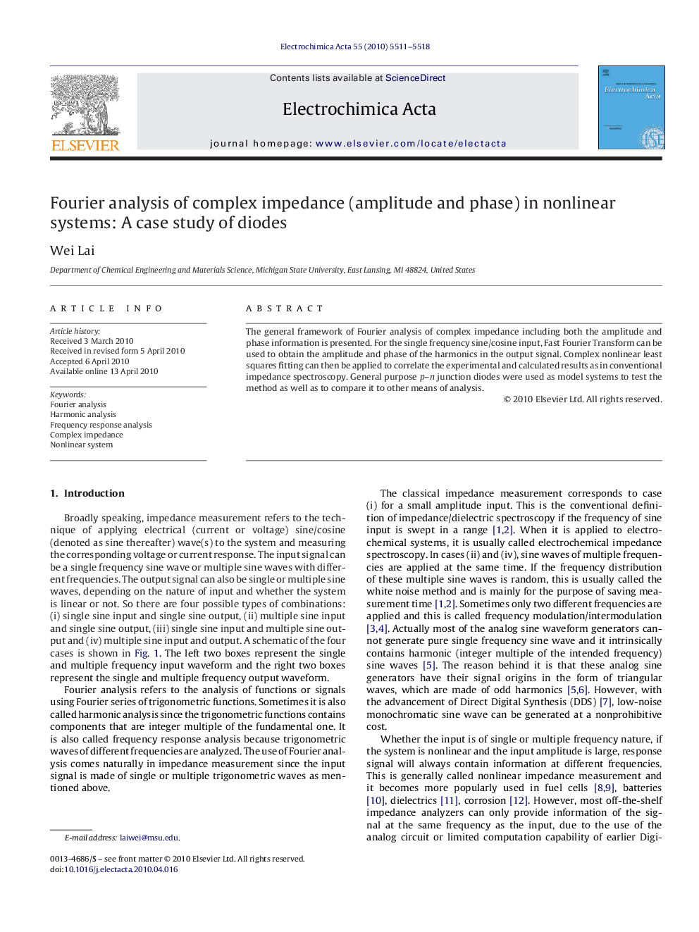 Fourier analysis of complex impedance (amplitude and phase) in nonlinear systems: A case study of diodes