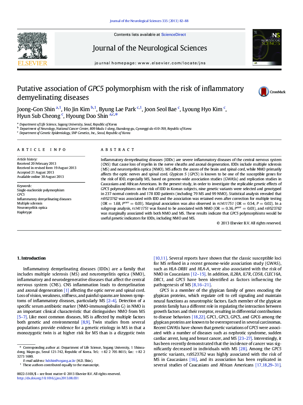 Putative association of GPC5 polymorphism with the risk of inflammatory demyelinating diseases