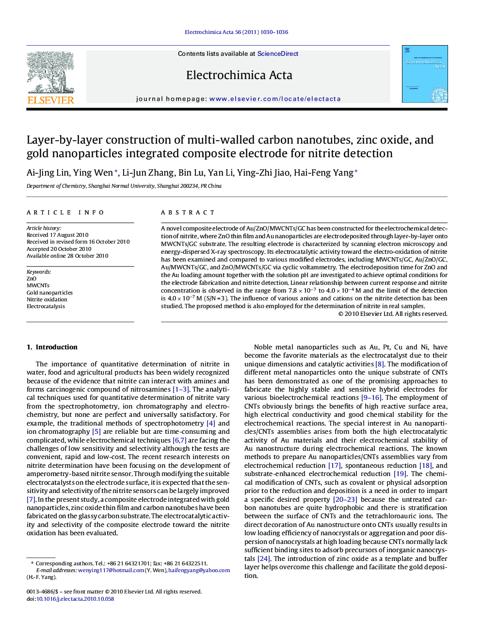 Layer-by-layer construction of multi-walled carbon nanotubes, zinc oxide, and gold nanoparticles integrated composite electrode for nitrite detection