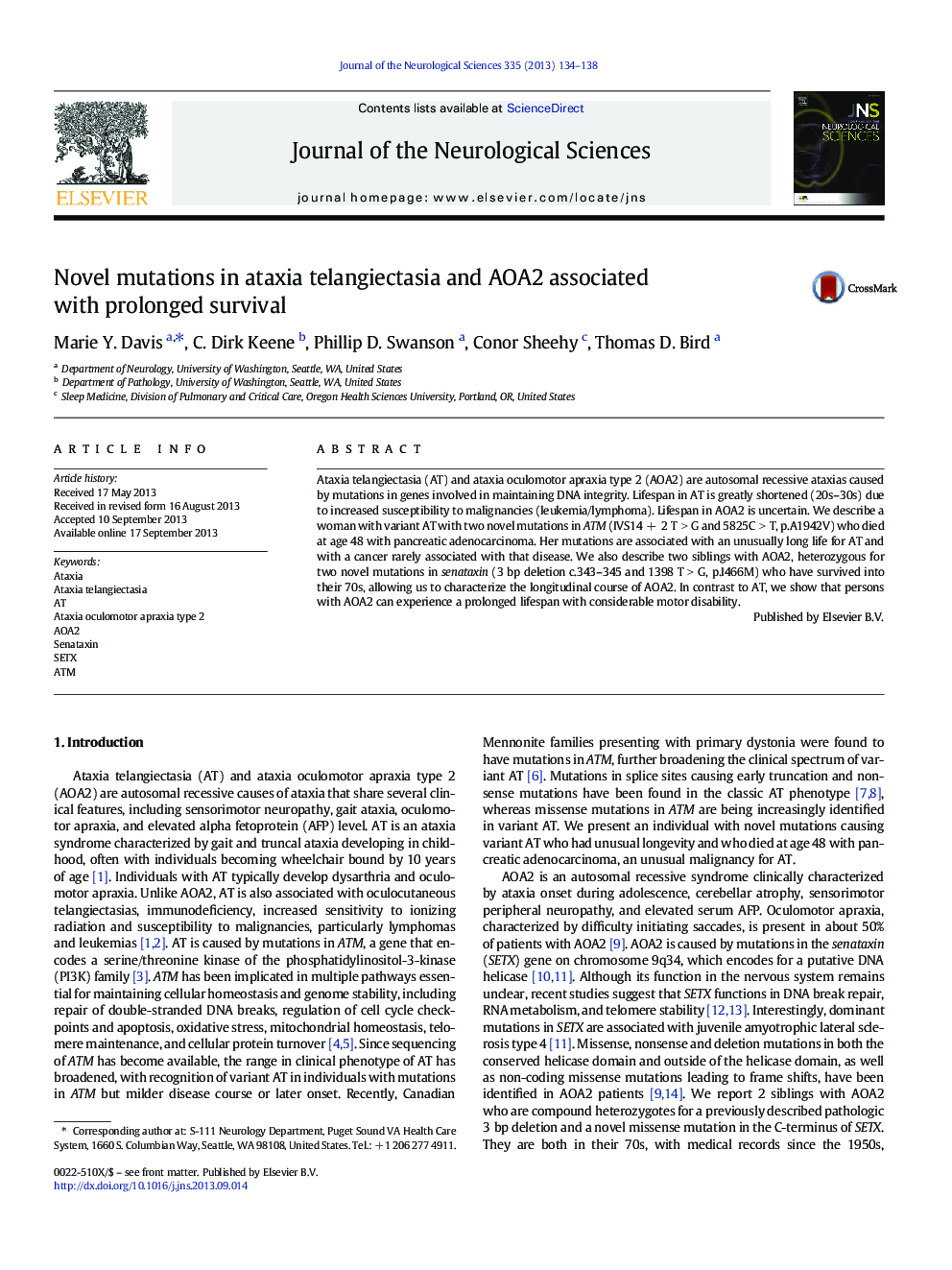 Novel mutations in ataxia telangiectasia and AOA2 associated with prolonged survival