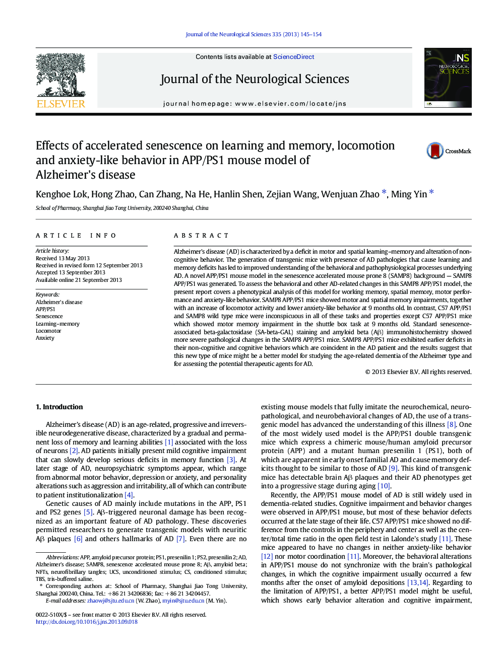 Effects of accelerated senescence on learning and memory, locomotion and anxiety-like behavior in APP/PS1 mouse model of Alzheimer's disease