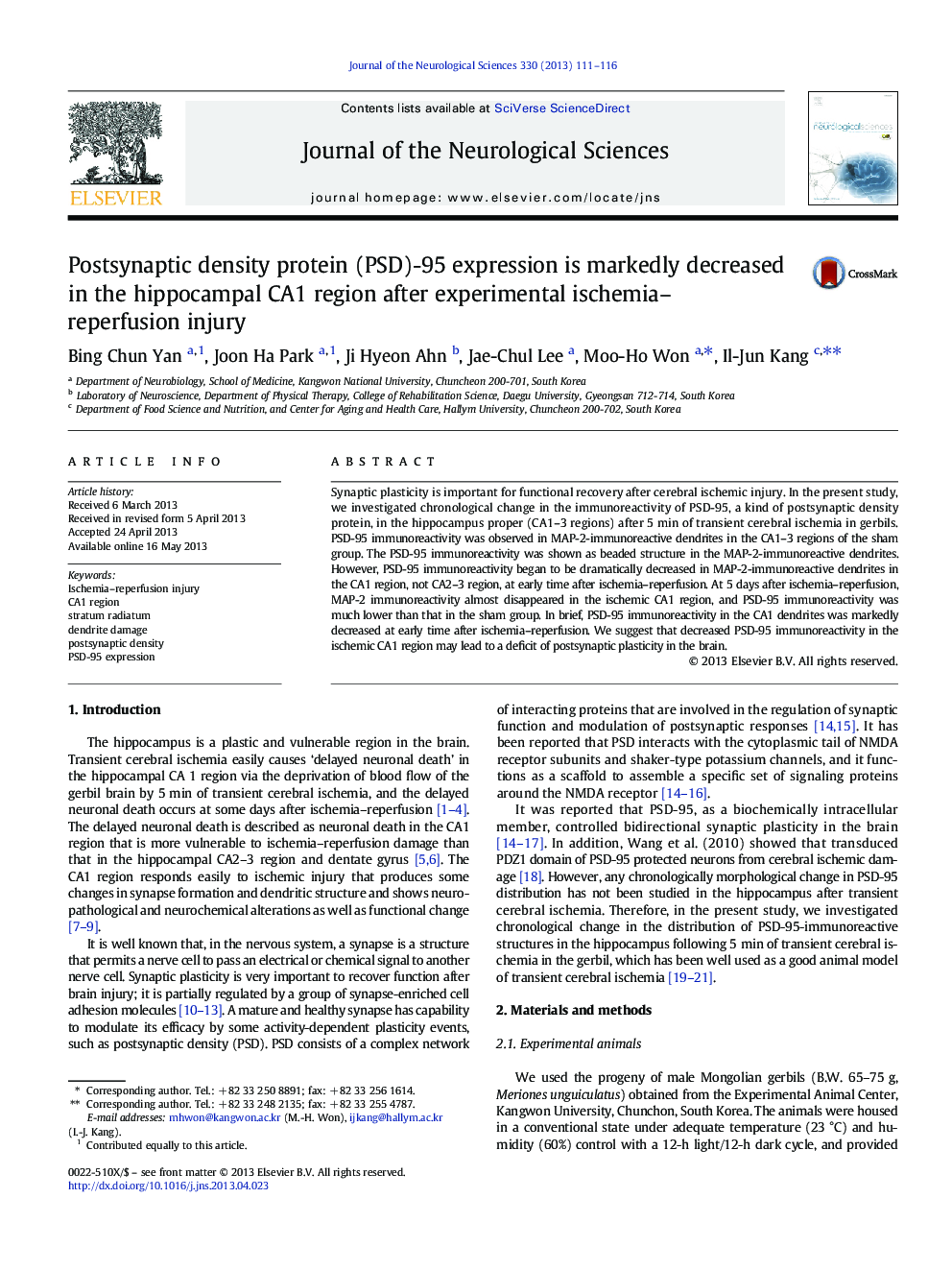 Postsynaptic density protein (PSD)-95 expression is markedly decreased in the hippocampal CA1 region after experimental ischemia–reperfusion injury