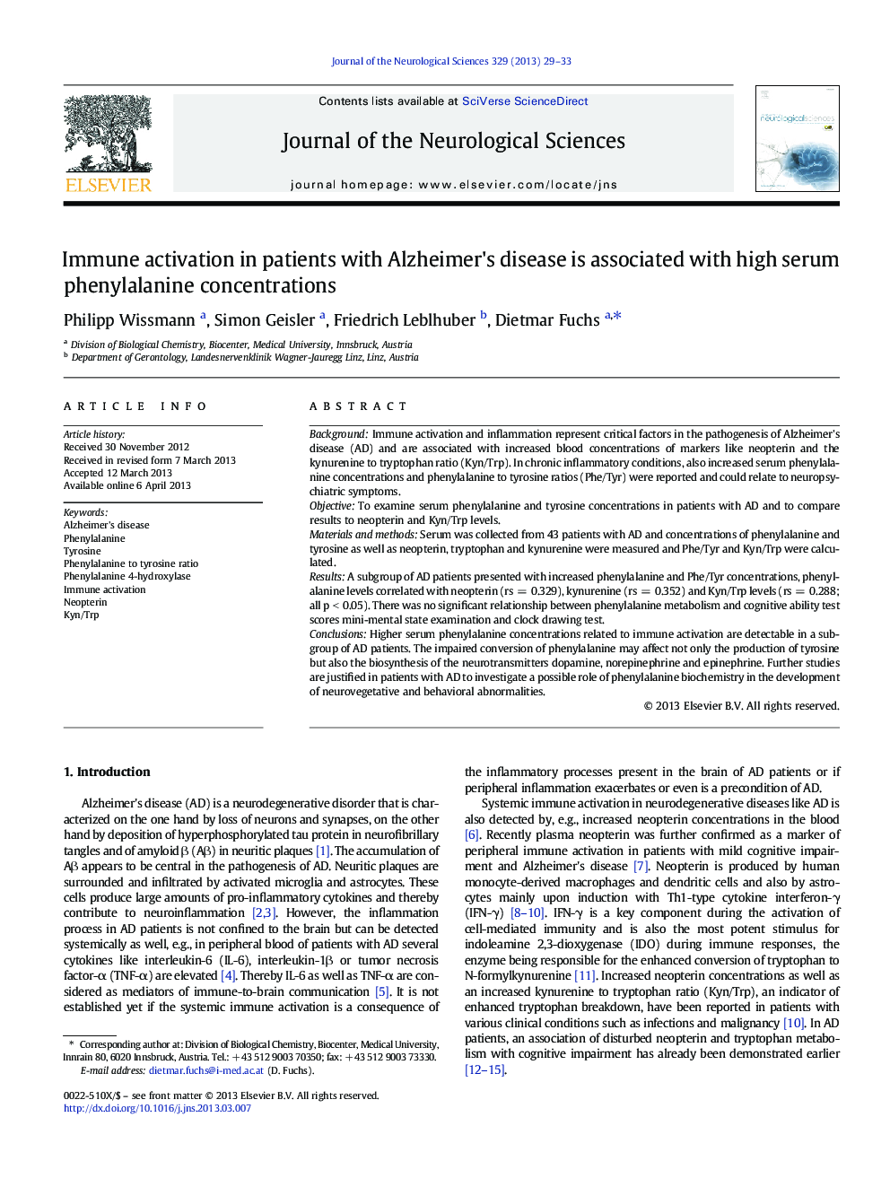 Immune activation in patients with Alzheimer's disease is associated with high serum phenylalanine concentrations