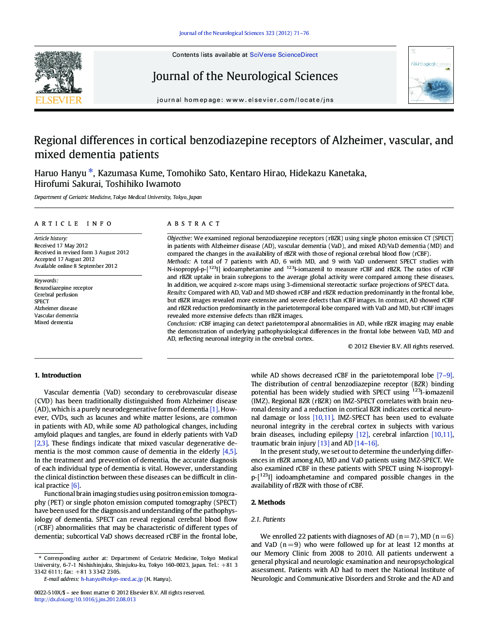 Regional differences in cortical benzodiazepine receptors of Alzheimer, vascular, and mixed dementia patients