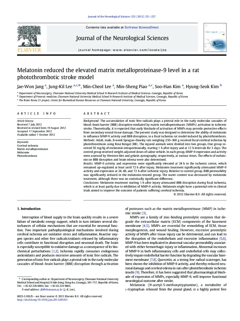 Melatonin reduced the elevated matrix metalloproteinase-9 level in a rat photothrombotic stroke model