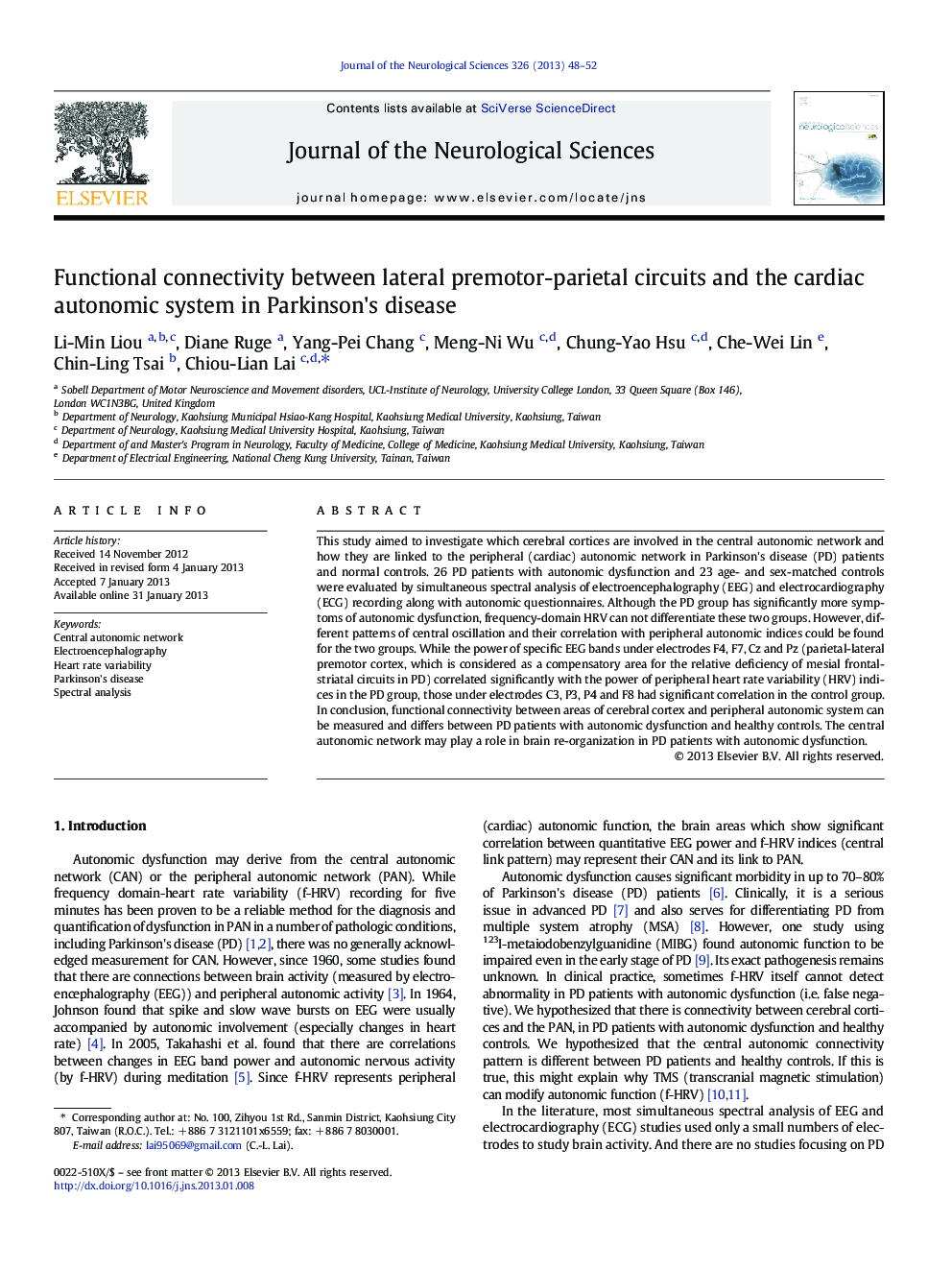 Functional connectivity between lateral premotor-parietal circuits and the cardiac autonomic system in Parkinson's disease