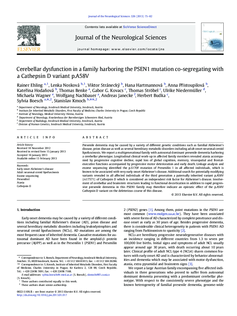 Cerebellar dysfunction in a family harboring the PSEN1 mutation co-segregating with a Cathepsin D variant p.A58V