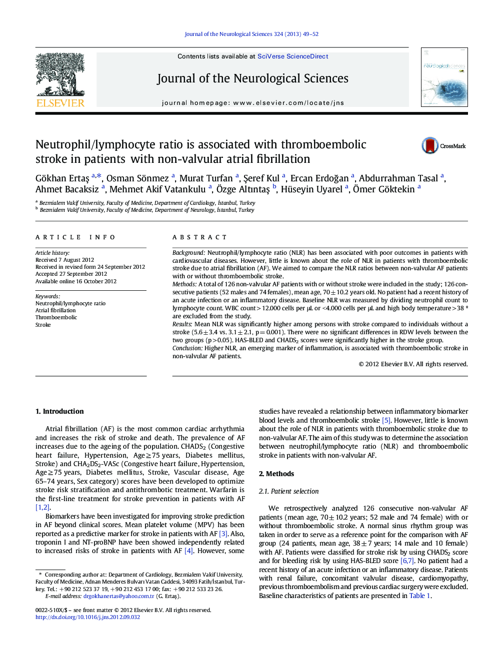 Neutrophil/lymphocyte ratio is associated with thromboembolic stroke in patients with non-valvular atrial fibrillation