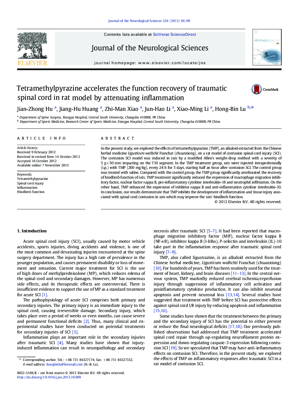 Tetramethylpyrazine accelerates the function recovery of traumatic spinal cord in rat model by attenuating inflammation