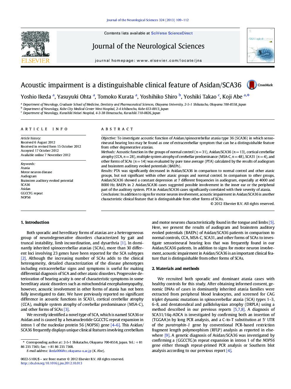 Acoustic impairment is a distinguishable clinical feature of Asidan/SCA36