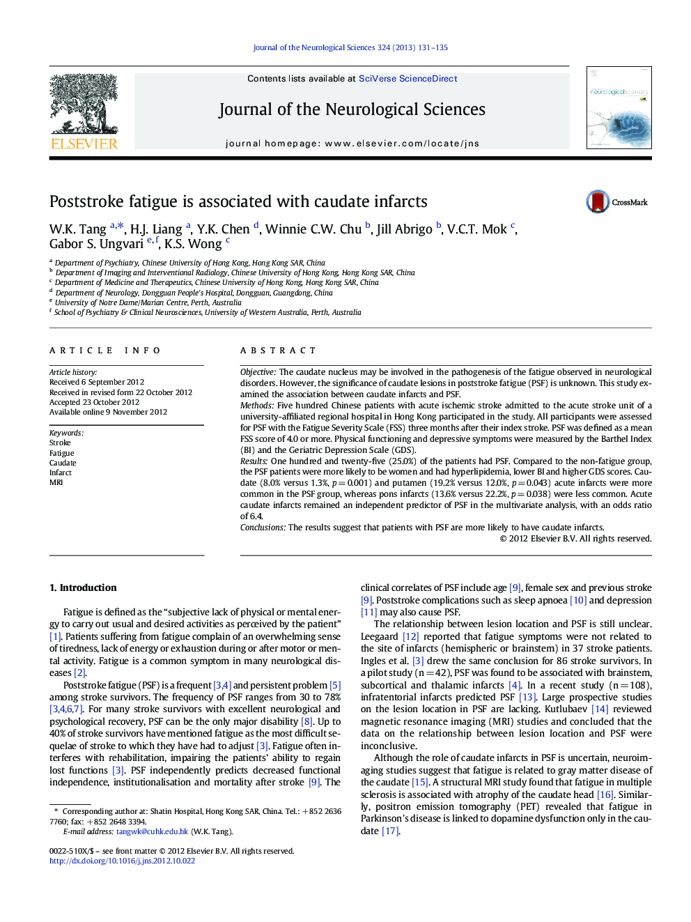 Poststroke fatigue is associated with caudate infarcts