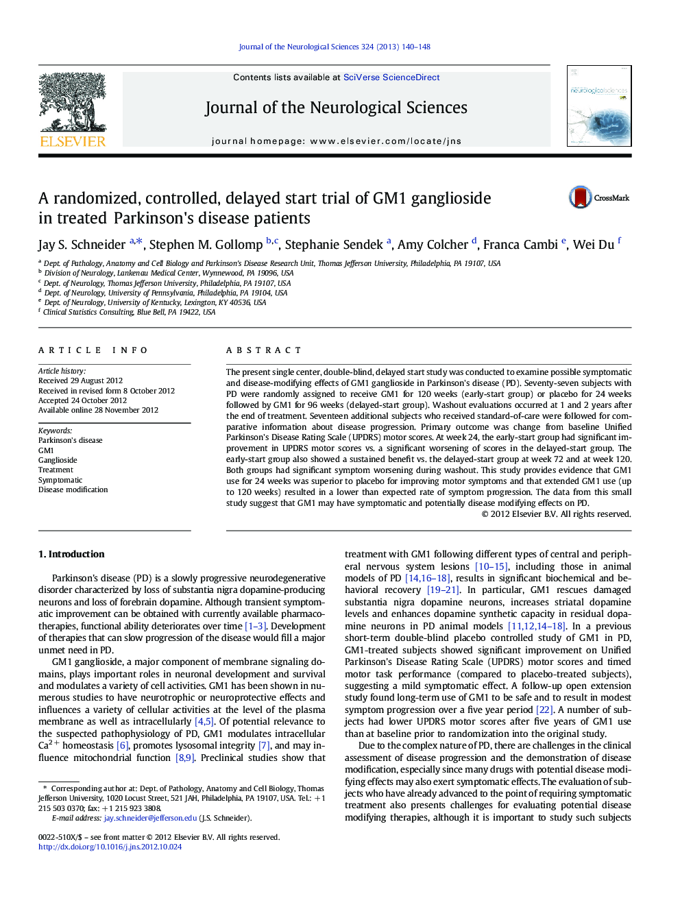 A randomized, controlled, delayed start trial of GM1 ganglioside in treated Parkinson's disease patients