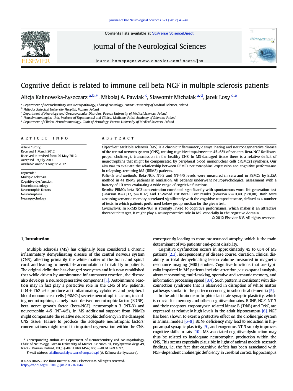 Cognitive deficit is related to immune-cell beta-NGF in multiple sclerosis patients