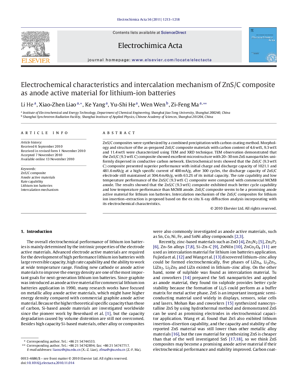 Electrochemical characteristics and intercalation mechanism of ZnS/C composite as anode active material for lithium-ion batteries