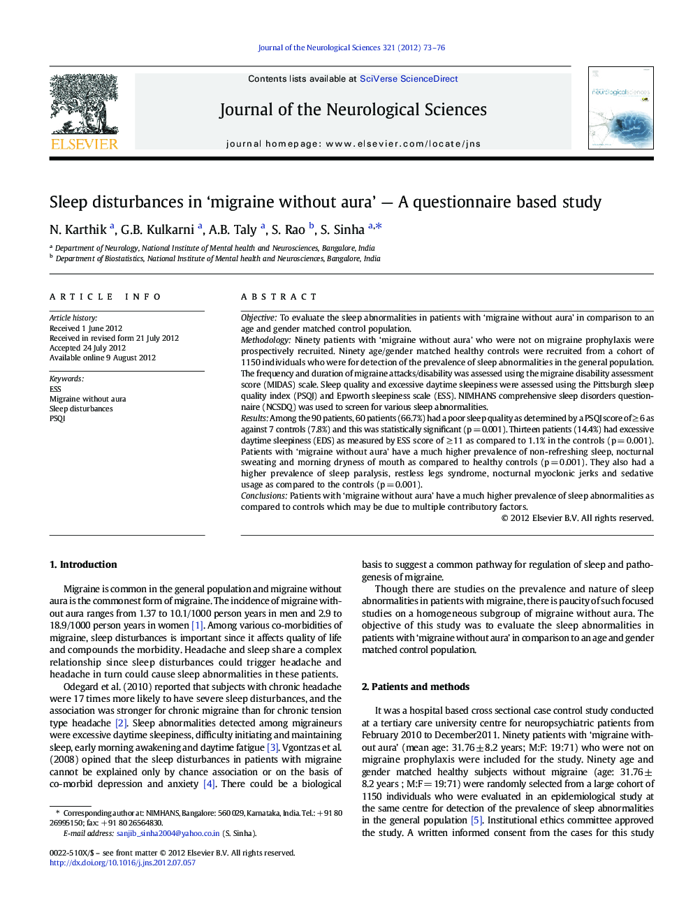 Sleep disturbances in ‘migraine without aura’ — A questionnaire based study