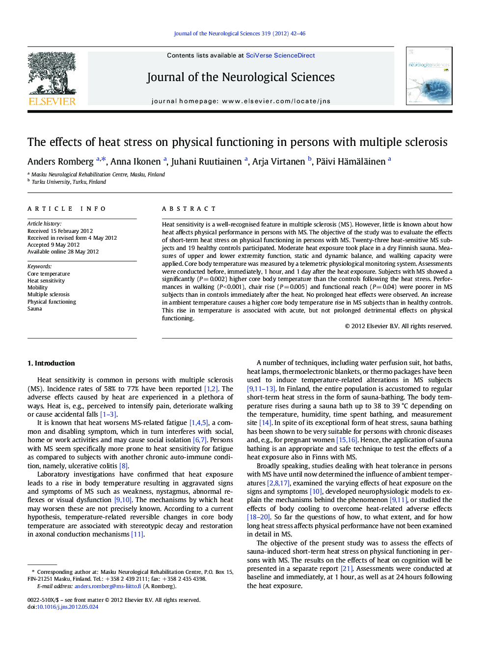 The effects of heat stress on physical functioning in persons with multiple sclerosis