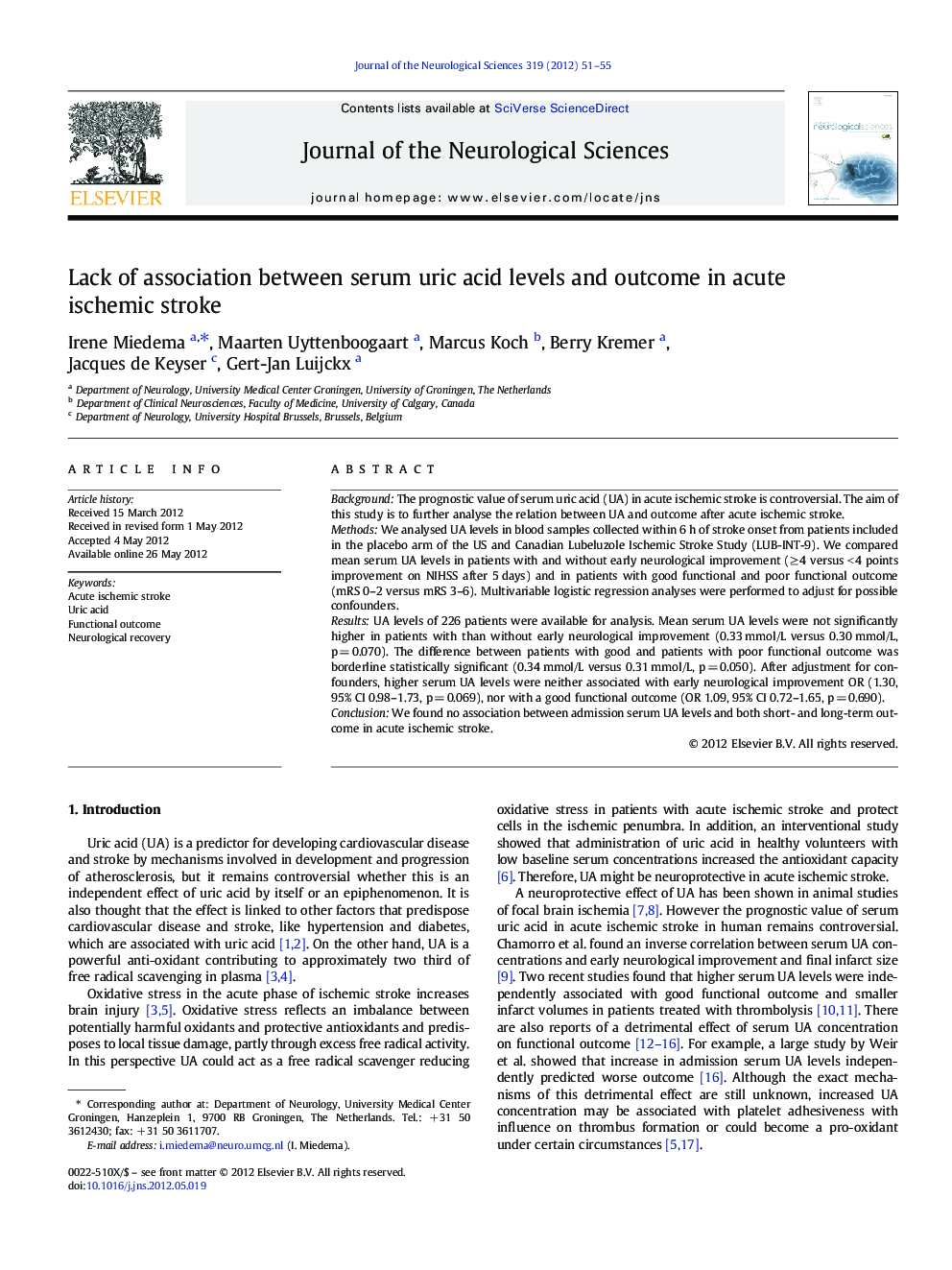 Lack of association between serum uric acid levels and outcome in acute ischemic stroke