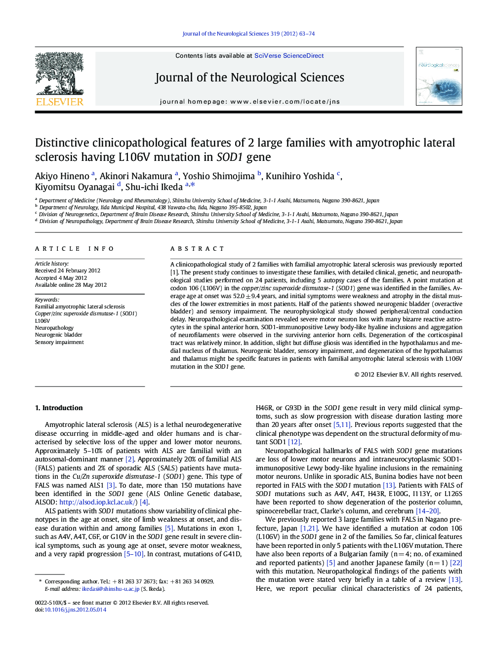 Distinctive clinicopathological features of 2 large families with amyotrophic lateral sclerosis having L106V mutation in SOD1 gene