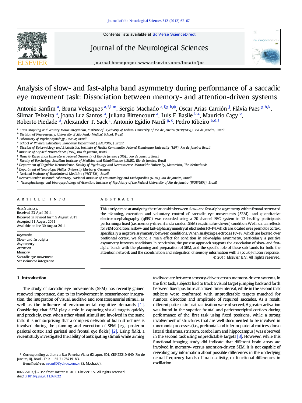 Analysis of slow- and fast-alpha band asymmetry during performance of a saccadic eye movement task: Dissociation between memory- and attention-driven systems