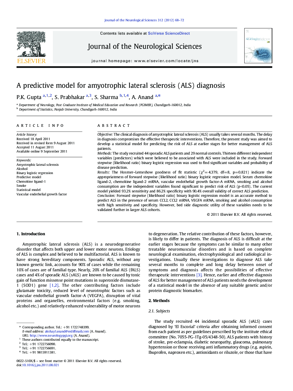 A predictive model for amyotrophic lateral sclerosis (ALS) diagnosis