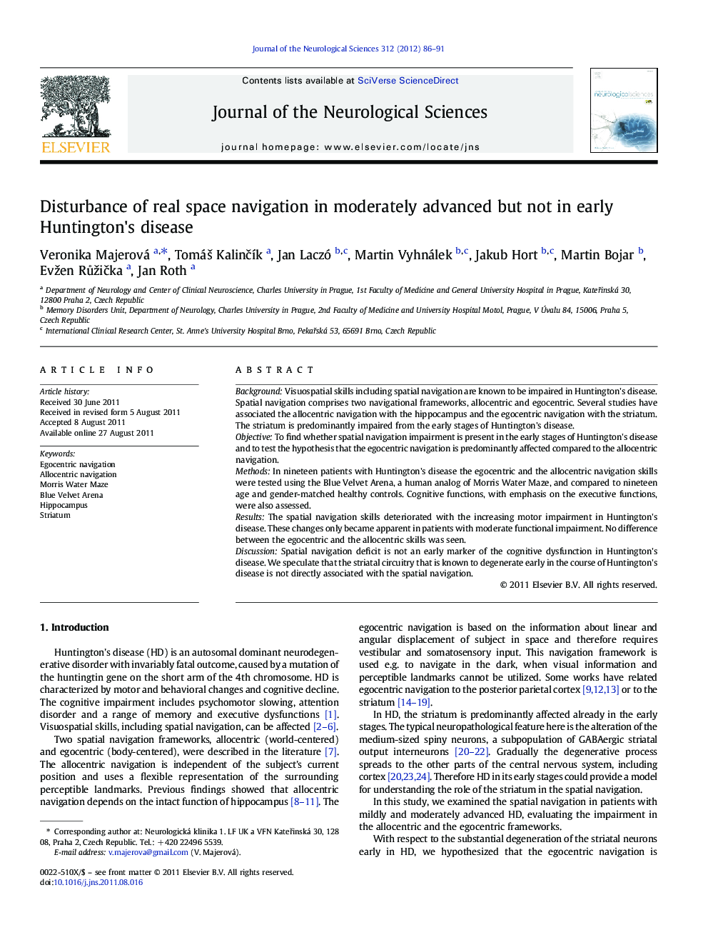 Disturbance of real space navigation in moderately advanced but not in early Huntington's disease