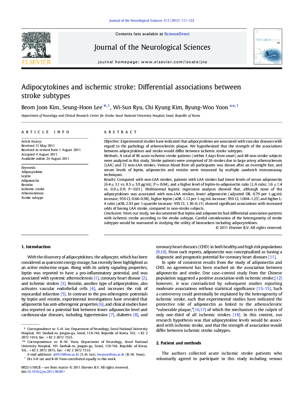 Adipocytokines and ischemic stroke: Differential associations between stroke subtypes