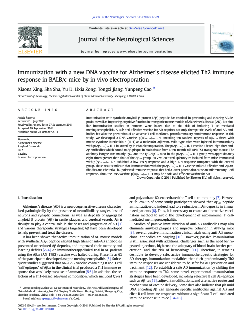 Immunization with a new DNA vaccine for Alzheimer's disease elicited Th2 immune response in BALB/c mice by in vivo electroporation