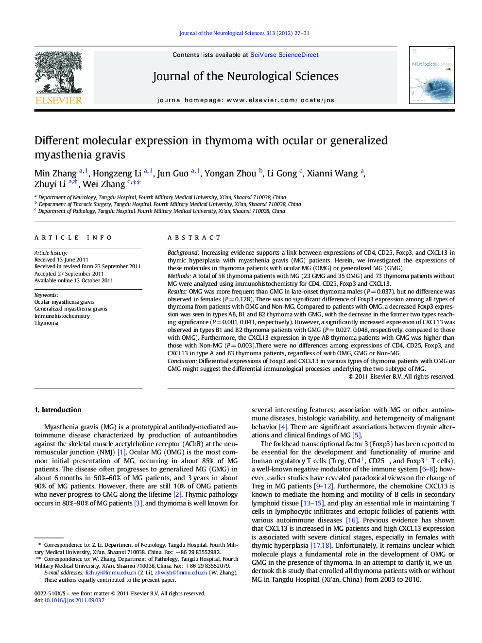 Different molecular expression in thymoma with ocular or generalized myasthenia gravis