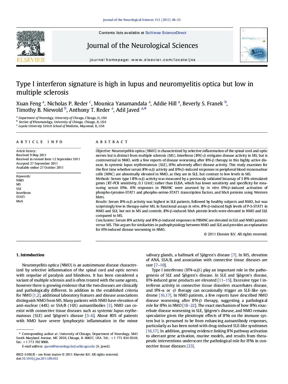 Type I interferon signature is high in lupus and neuromyelitis optica but low in multiple sclerosis