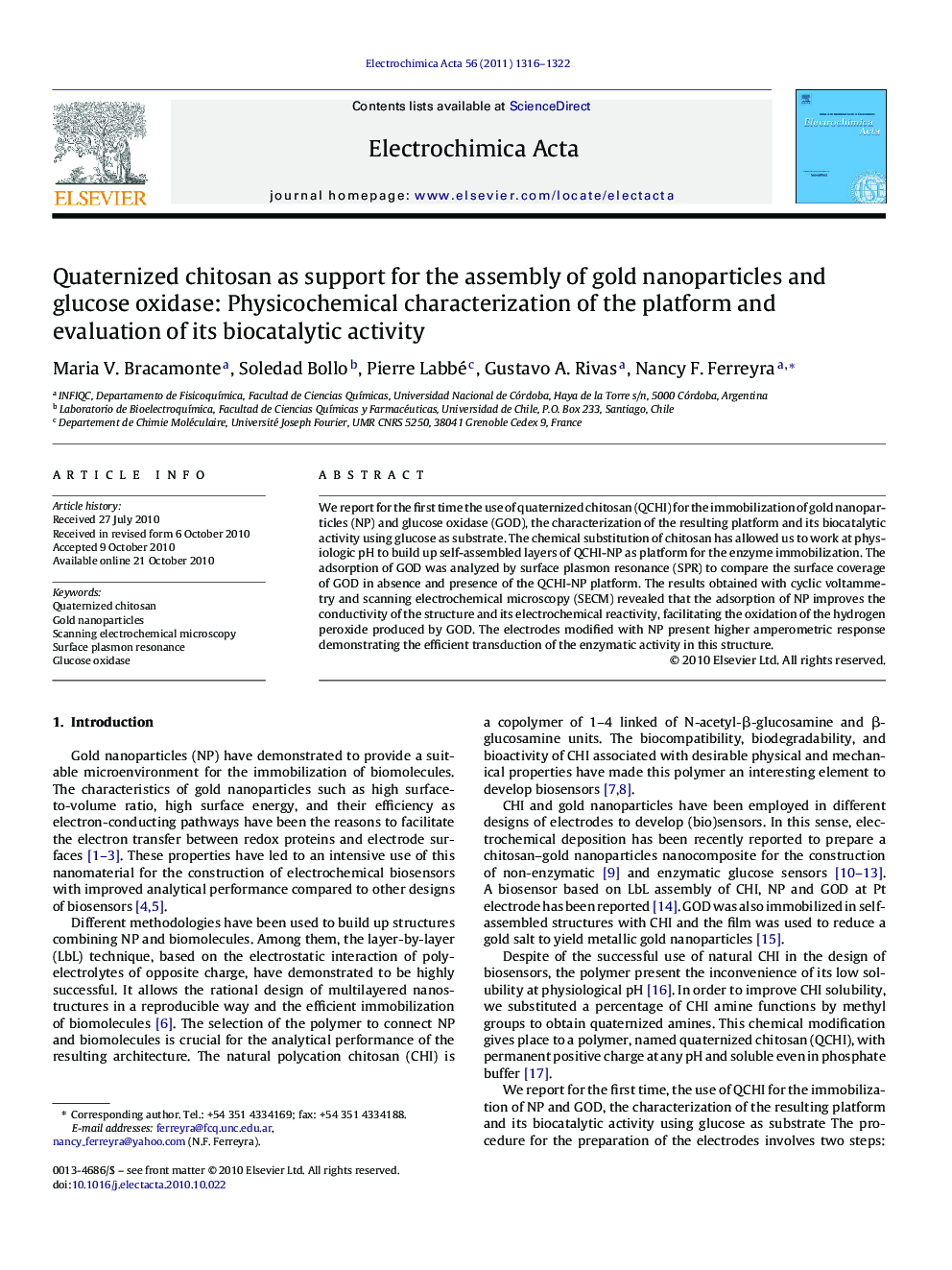 Quaternized chitosan as support for the assembly of gold nanoparticles and glucose oxidase: Physicochemical characterization of the platform and evaluation of its biocatalytic activity