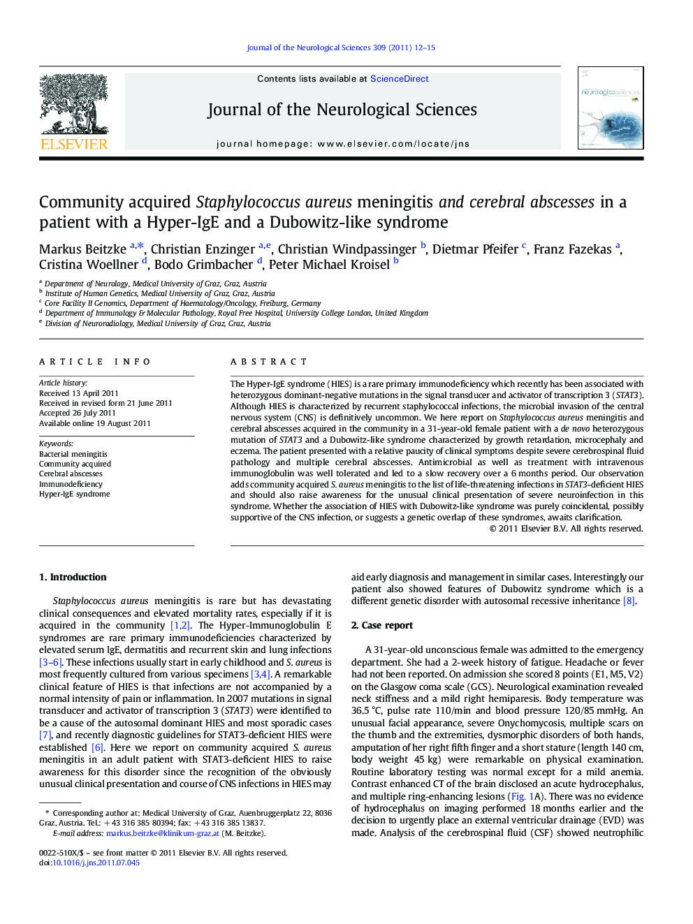 Community acquired Staphylococcus aureus meningitis and cerebral abscesses in a patient with a Hyper-IgE and a Dubowitz-like syndrome