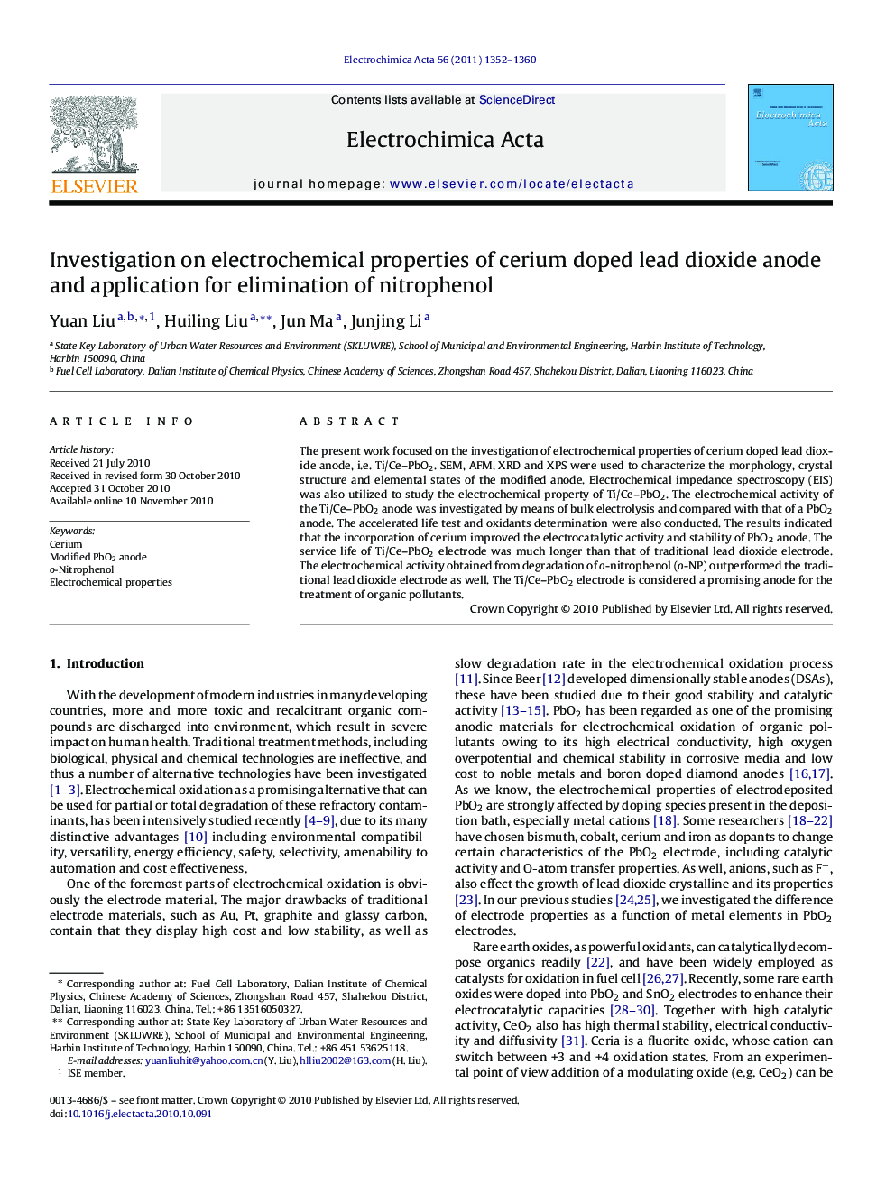 Investigation on electrochemical properties of cerium doped lead dioxide anode and application for elimination of nitrophenol