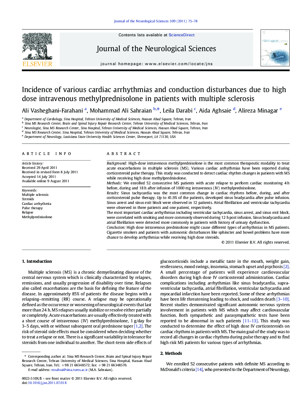 Incidence of various cardiac arrhythmias and conduction disturbances due to high dose intravenous methylprednisolone in patients with multiple sclerosis