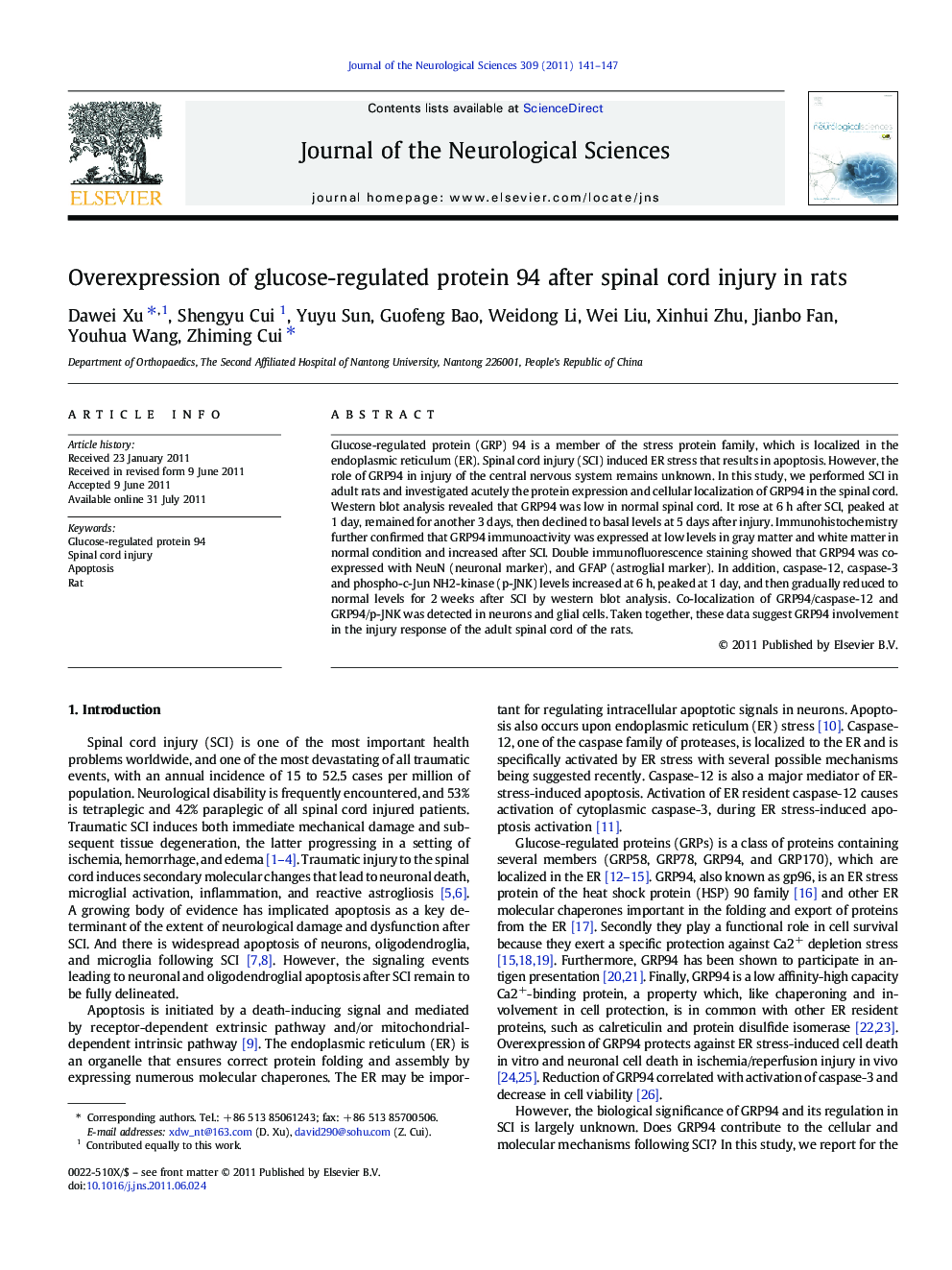 Overexpression of glucose-regulated protein 94 after spinal cord injury in rats