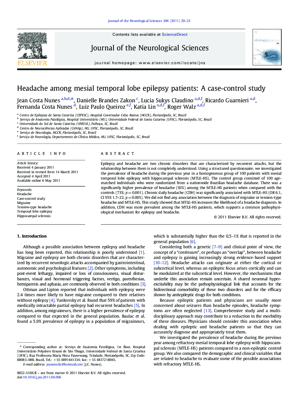 Headache among mesial temporal lobe epilepsy patients: A case-control study