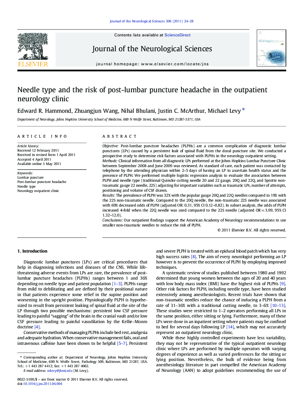 Needle type and the risk of post-lumbar puncture headache in the outpatient neurology clinic