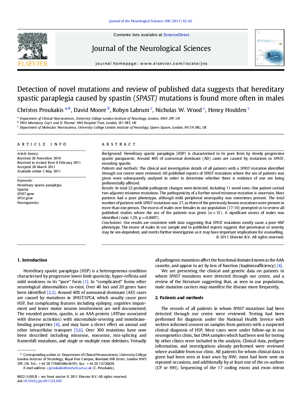 Detection of novel mutations and review of published data suggests that hereditary spastic paraplegia caused by spastin (SPAST) mutations is found more often in males