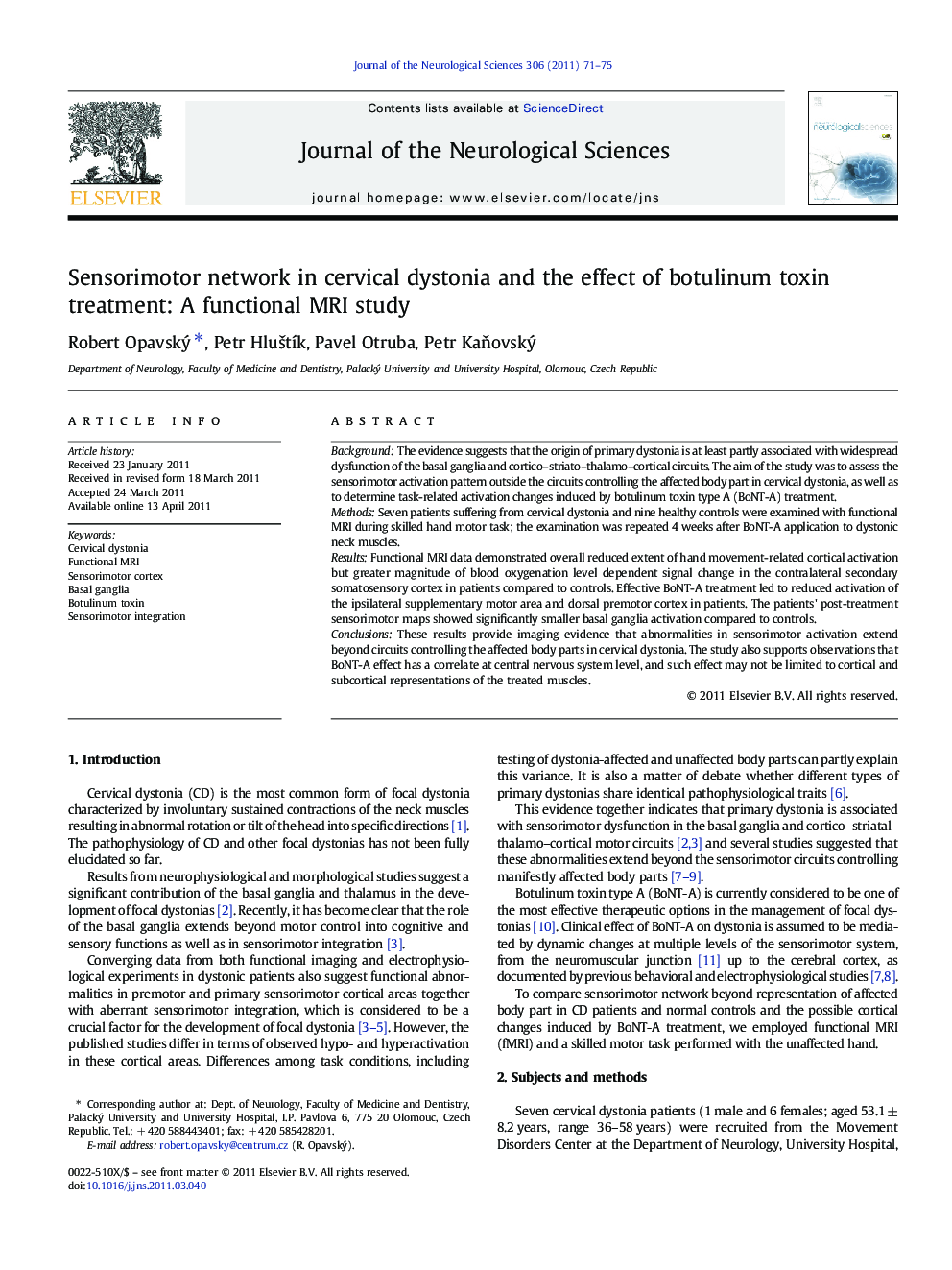 Sensorimotor network in cervical dystonia and the effect of botulinum toxin treatment: A functional MRI study