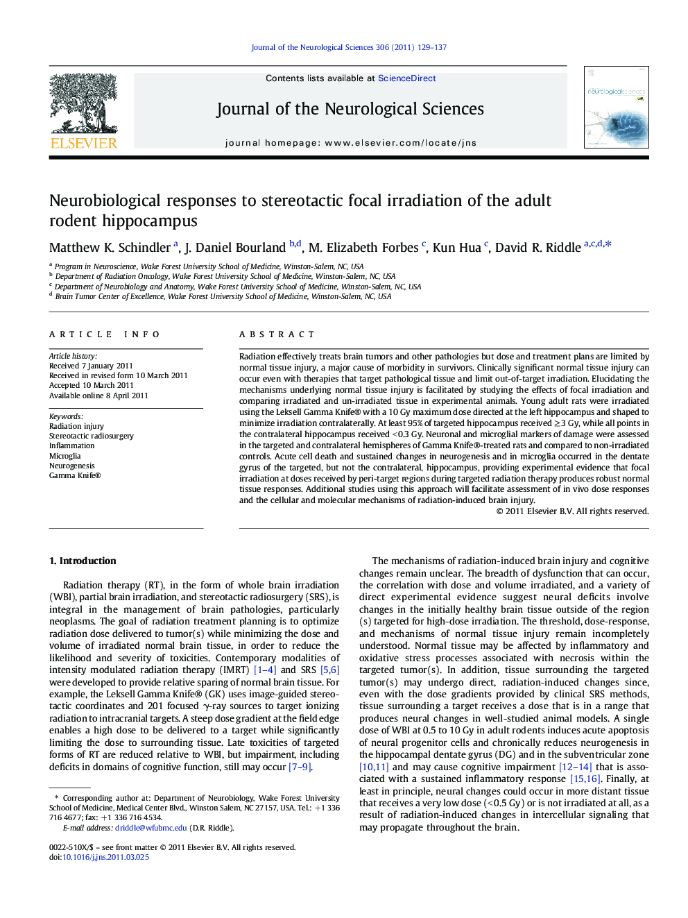 Neurobiological responses to stereotactic focal irradiation of the adult rodent hippocampus