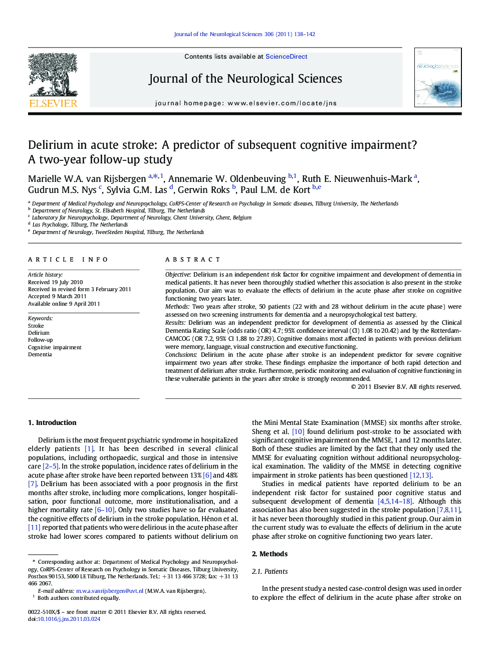 Delirium in acute stroke: A predictor of subsequent cognitive impairment?: A two-year follow-up study