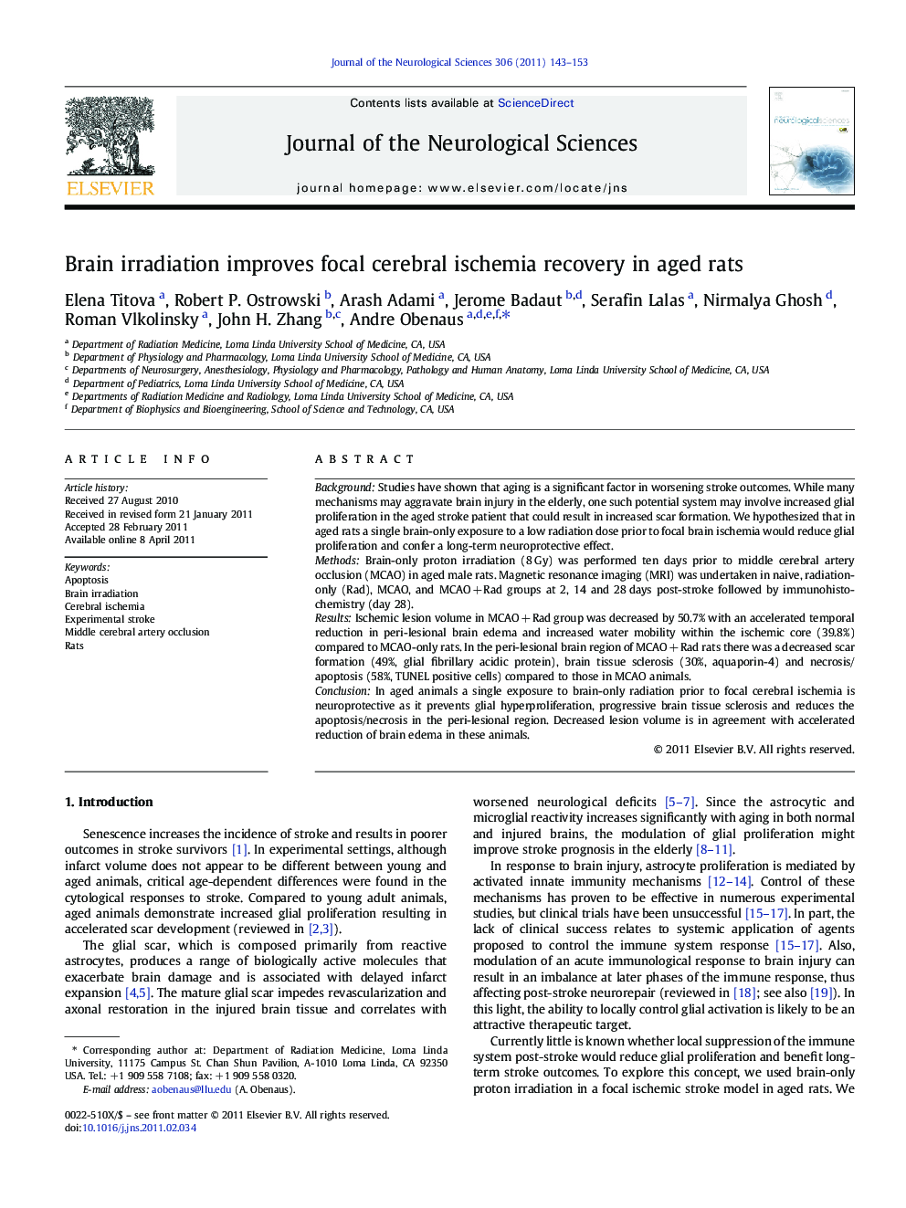 Brain irradiation improves focal cerebral ischemia recovery in aged rats