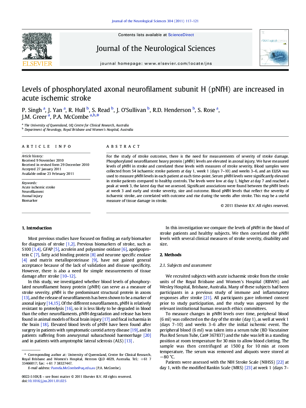 Levels of phosphorylated axonal neurofilament subunit H (pNfH) are increased in acute ischemic stroke