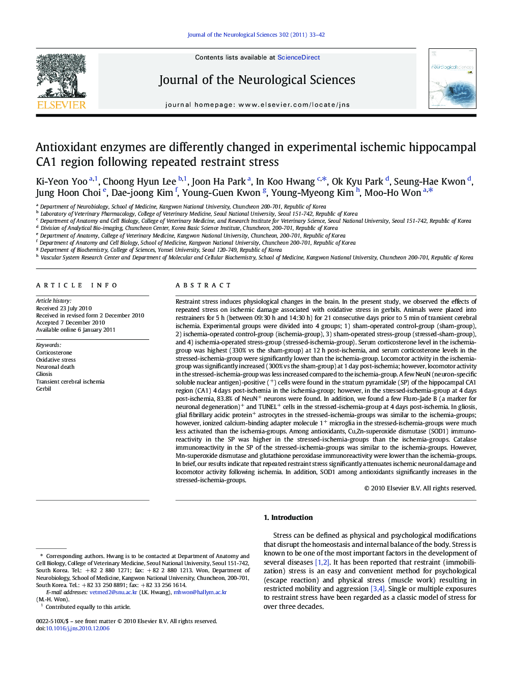 Antioxidant enzymes are differently changed in experimental ischemic hippocampal CA1 region following repeated restraint stress