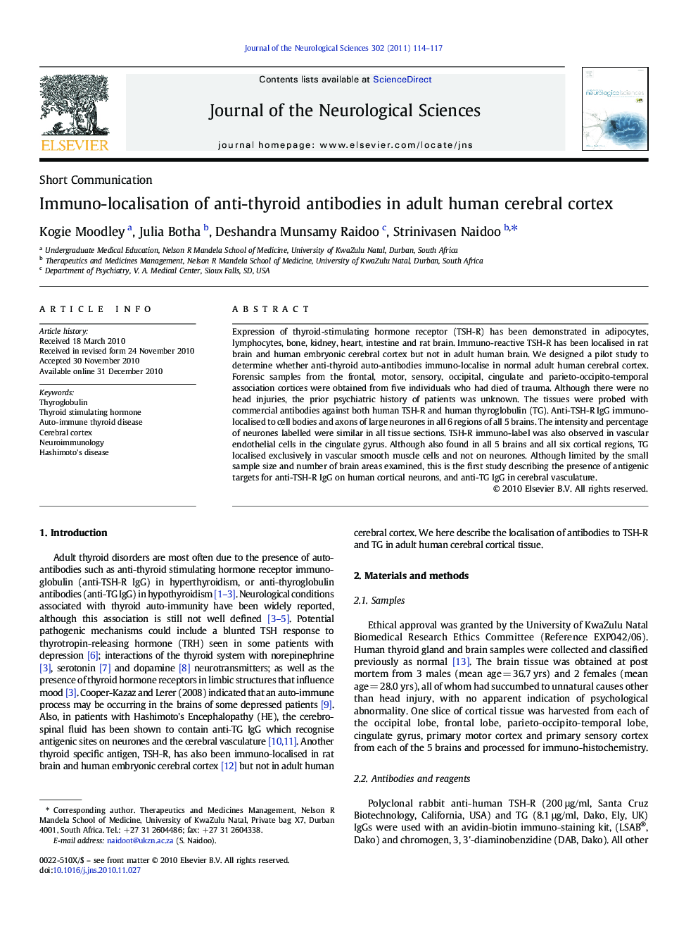 Immuno-localisation of anti-thyroid antibodies in adult human cerebral cortex