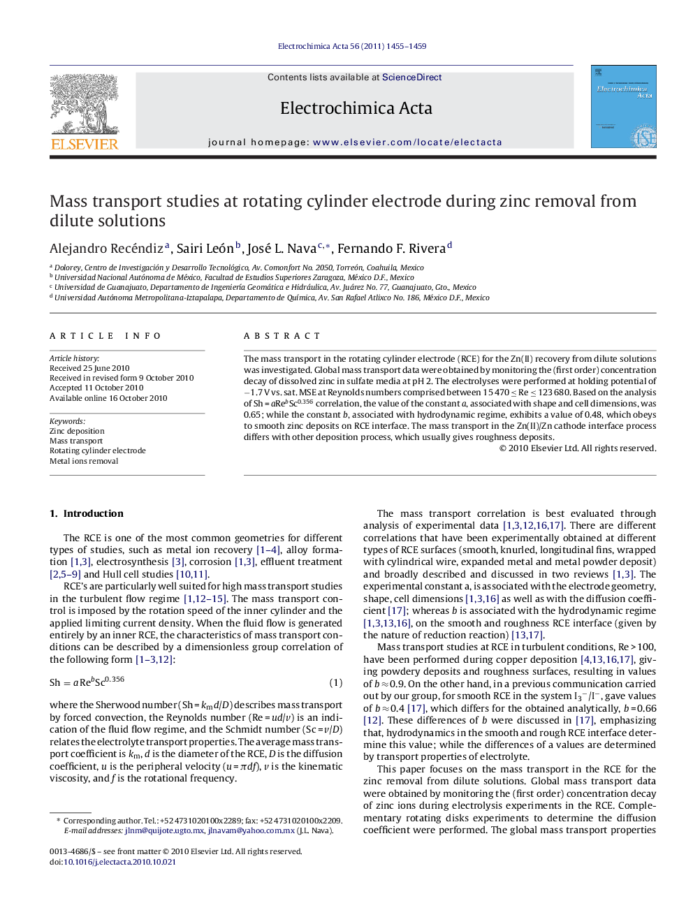 Mass transport studies at rotating cylinder electrode during zinc removal from dilute solutions