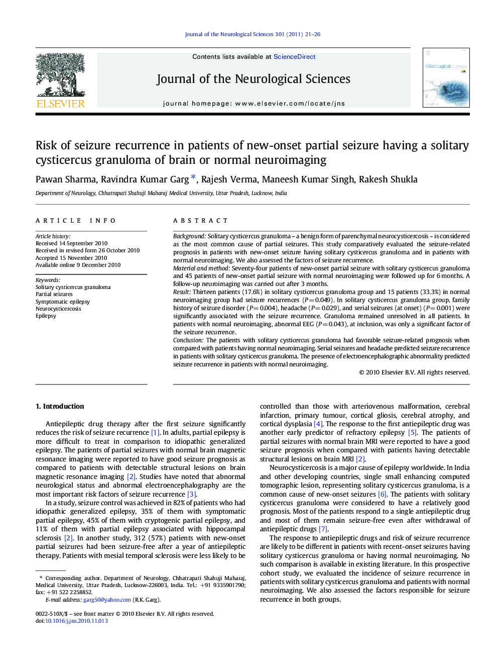 Risk of seizure recurrence in patients of new-onset partial seizure having a solitary cysticercus granuloma of brain or normal neuroimaging