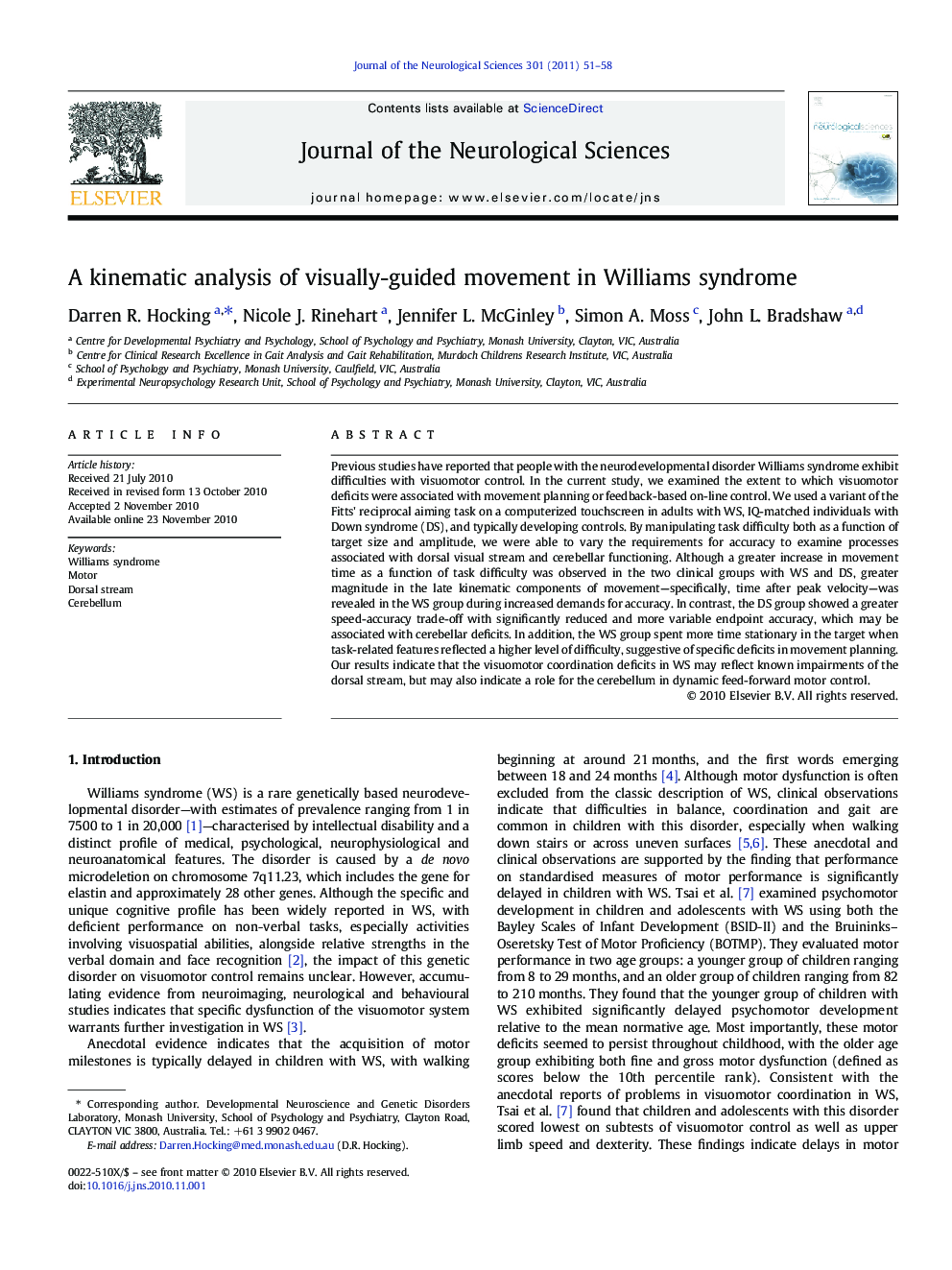 A kinematic analysis of visually-guided movement in Williams syndrome